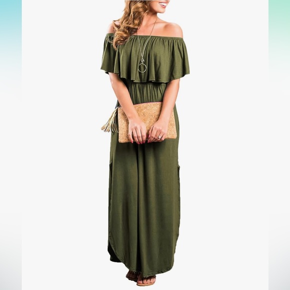 Amazon Dresses & Skirts - Elegant Olive Green Ruffle Off-Shoulder Maxi Dress Side Split Pockets Sz Large